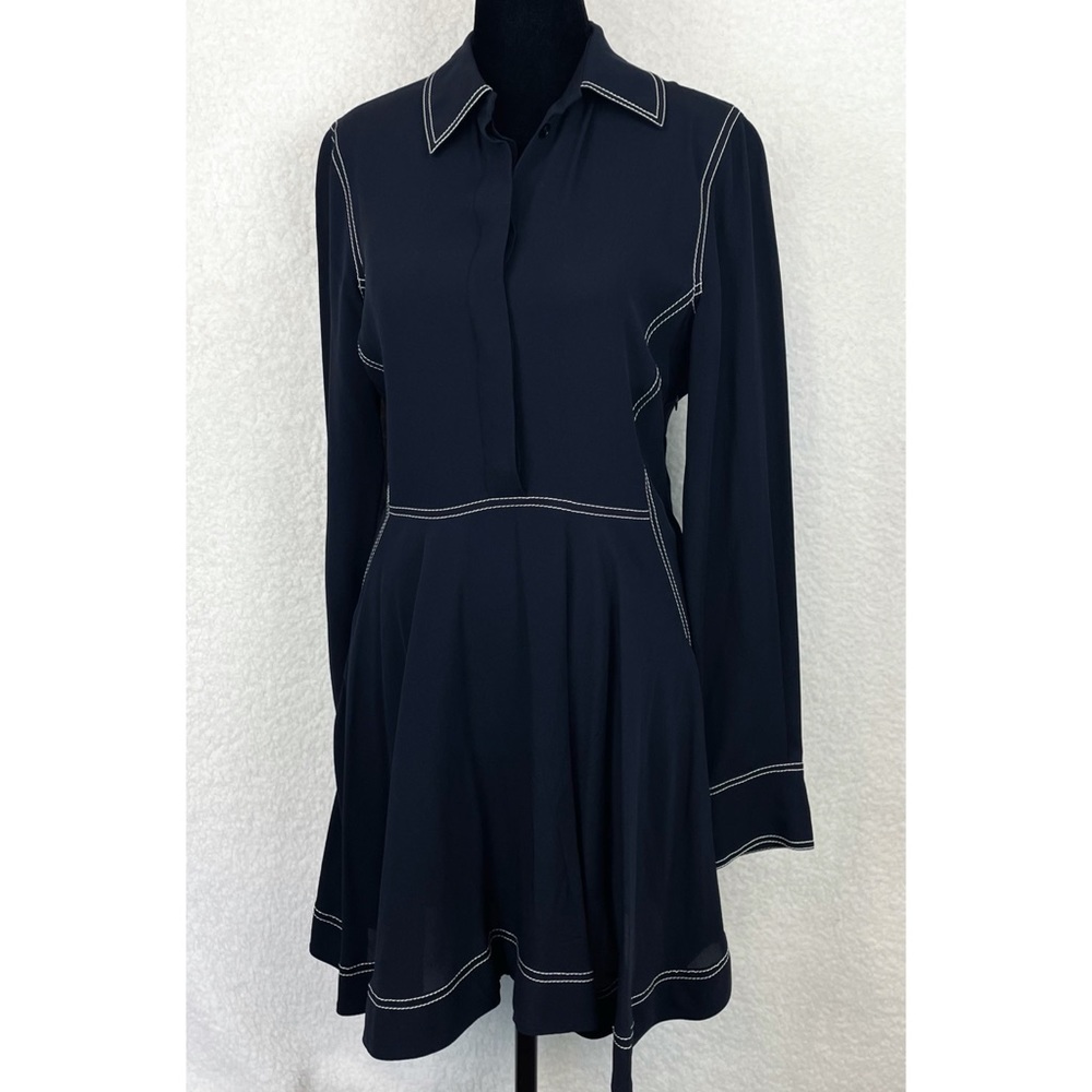 STELLA MCCARTNEY • 100% Silk Navy Contrast-Stitch Collared Mini Dress, S - Picture 8 of 16